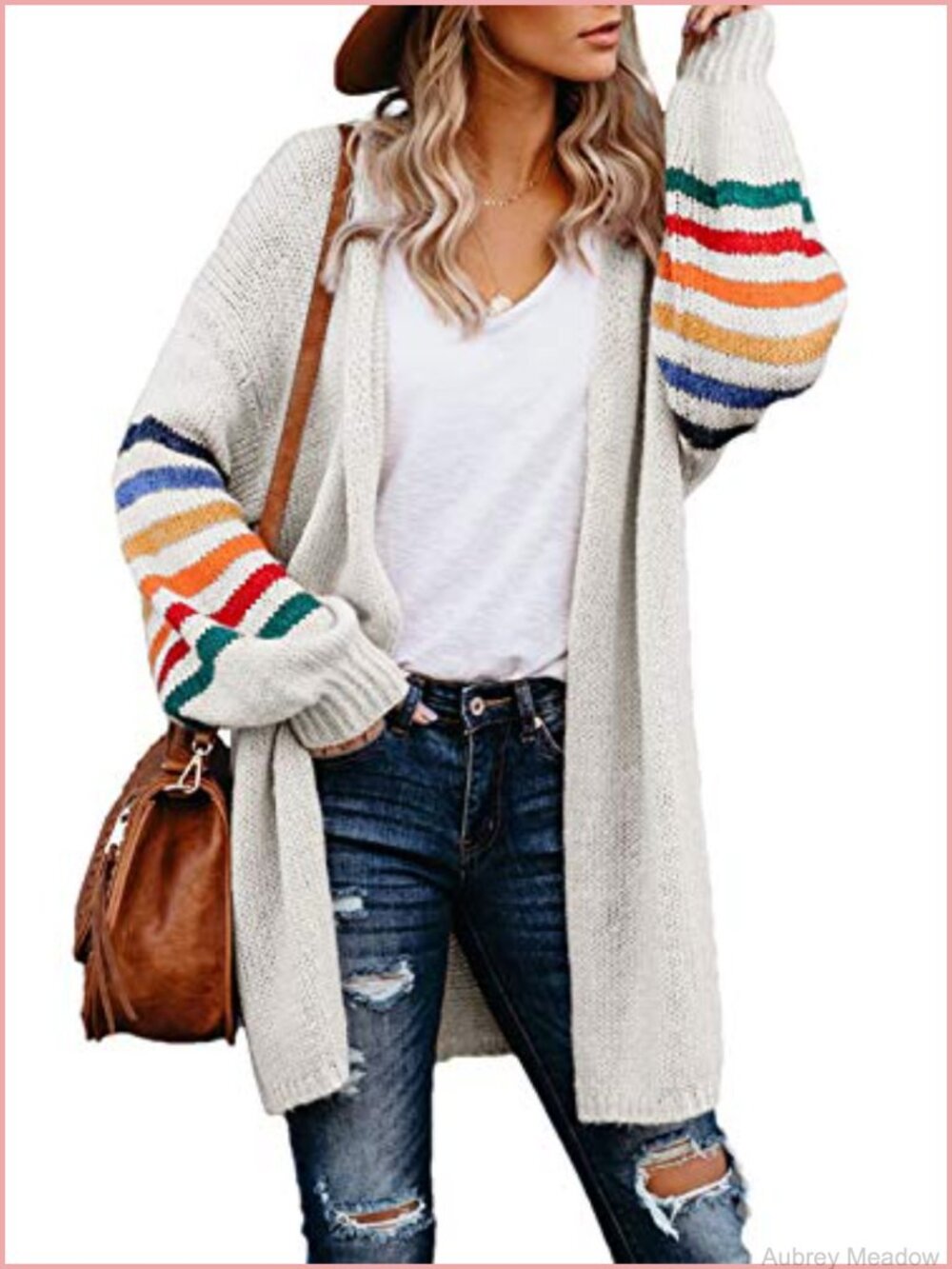 Womens Striped Cardigan Sweater Loose Knit Long Sleeve V-Neck Open Front